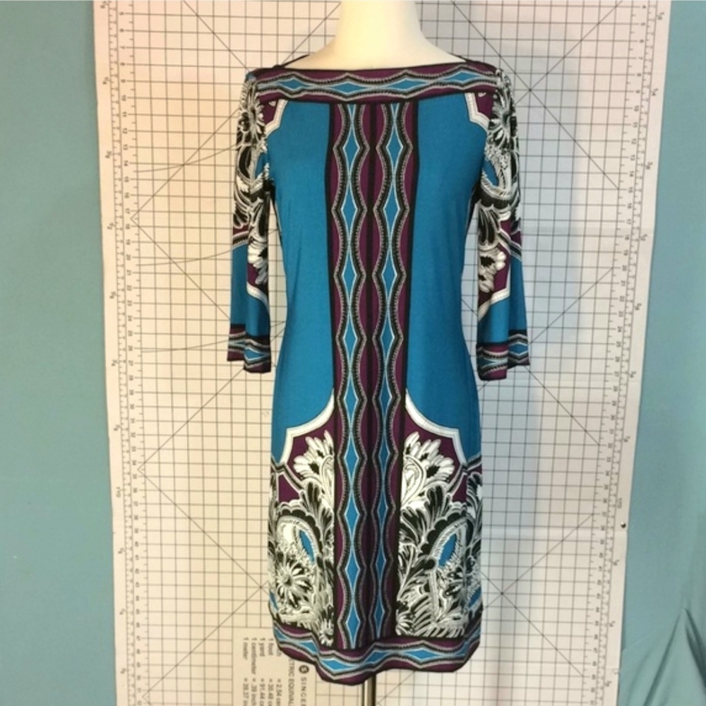Donna Morgan Teal & Purple Mirror Geometric Printed Dress Womens 10